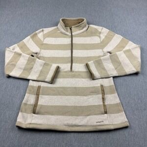 Patagonia Women's Beige and Cream Striped Half-Zip Sweater